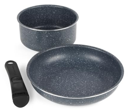 Russell Hobbs Nightfall Stone Cookware Set, 24cm Frying Pan & 18cm Saucepan | Xylan Plus non-stick coating, removable clip-on handle, stackable nesting design, PFOA-free coating, space-saving storage