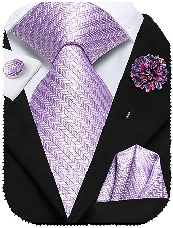Hi-Tie Seidenkrawatte und Einstecktuch Manschettenknöpfe, Reversnadel-Set, Jacquard, Hochzeit, Business, Krawatte für formelle Anlässe, Flieder, Lavendel, Violett, M