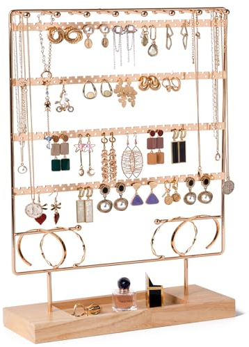 Lolalet 6 Tier Schmuckständer Ohrringhalter, 208 Löcher Ohrring Ständer Doppelseitiger Kettenhalter Ketten Display mit Holztablett, Schmuckhalter Aufbewahrung für Ohrhänger Halsketten Armbänder -Gold