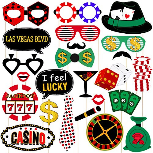 24 Stück Casino Photo Booth Requisiten mit Stick, Las Vegas Casino Photo Booth Requisiten Kit, lustiges DIY Poker Thema Selfie Requisiten Kit für Las Vegas Thema Poker Nacht Geburtstag Party Supplies
