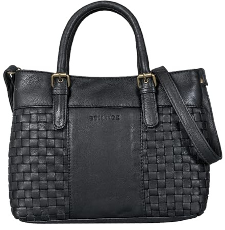 STILORD Daniela Modische Handtasche Leder Damen mit Flecht-Optik Henkeltasche Vintage Umhängetasche für Freizeit Shopping Ledertasche Frauen Echtleder Farbe:schwarz