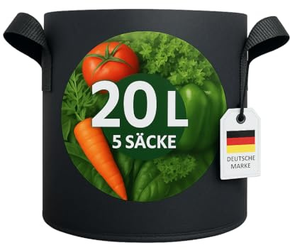 König Design 5X 20L Pflanzsack aus Vlies Stoff - 5er Set 20L Pflanztaschen aus 300 g/m² Filz & Vliesstoff - Pflanzgefäß Pflanzbeutel für Balkon Terrasse Gewächshaus & Garten