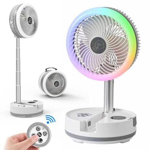 xumemall Ventilador Oscilante Plegable Portatil Abanico de Camping con Control Remoto, Ventilador de Batería Recargable USB C de 10 Pulgadas con Luces LED Coloridas, Ventilador de Pie Plegable