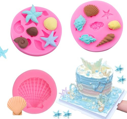 3 Stück Meerestiere Kuchen Silikon Fondantform,Seestern Muschel Silikon Formen 3D Ozean Tiere Silikonform,DIY Fondantdecke Backform,Meerjungfrau Tortendeko für Kuchen,Schokolade,Süßigkeiten Ice Jelly