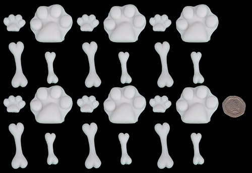 24 x Edible 3D Dog Paws and Bones icing toppers, cake cupcakes decorations (White)