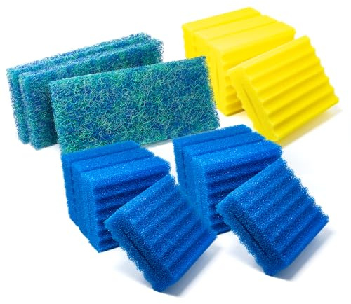 VIALIA 15er Set Filterschwämme, Ersatzteile für Kammerfilter CBF-350C | 8 blaue und 4 gelbe Schwämme, 22,5x20x8,5 cm, 3 Japanmatten, hohe Wasserdurchlaufmenge, einfache Reinigung