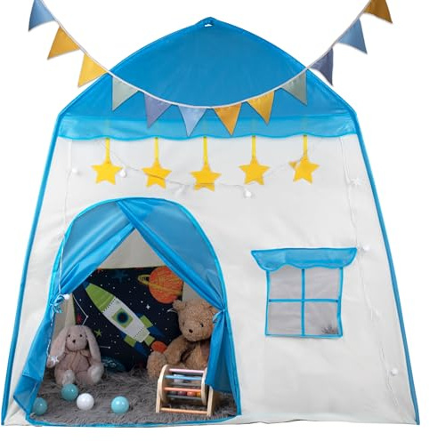 Relsy Blue Cottage Style Kids Play Tent, 135 x 100 x 130cm, Includes LED Lights & Bunting, For Kids, Boys