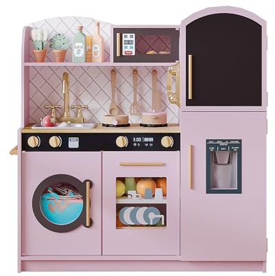 Treocho Play Kitchen for Kids, Wooden Toddler Kitchen Set with Storage, Modern Design Toy Kitchen with Faucet&Sink, Stove, Chalkboard, Icemaker and Various Accessories for Kids Ages 3+, Pink