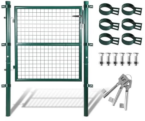 ISOISL Cancello da giardino, 100 x 100 cm, verde, in acciaio zincato, con maniglia e 3 chiavi, resistente alle intemperie, robusto e durevole