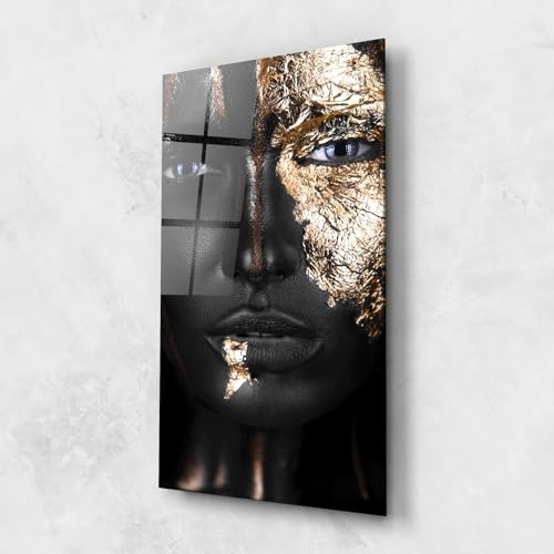 ARTHUB® Glasbild 60x150 cm, 4mm ESG | Moderne Wandbilder aus Glas für Wohnzimmer & Schlafzimmer, Wanddekoration, Wohnkultur, Frauen, Golden Face