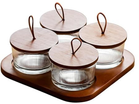 MagiDeal Plateau de Service en Bois avec Bol, présentoir à Desserts, Plateau en Verre, Plats de Service divisés pour Bonbons Sala, apéritifs aux Fruits, 4 Grille
