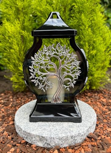 Lanterne funéraire avec motif arbre - 29,5 cm de hauteur - Couleur argent - Bougie funéraire - Lanterne de jardin avec bougie sans socle