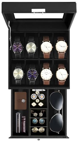 Uten Watch Box 8 Slots, 2-Tier Watch Case with Key Lock, Glass Lid, Watch Display Box for Men and Women, Black Synthetic Leather, Black Velvet Lining, Removable Pillows, Jewelry Storage Box, Gift Idea