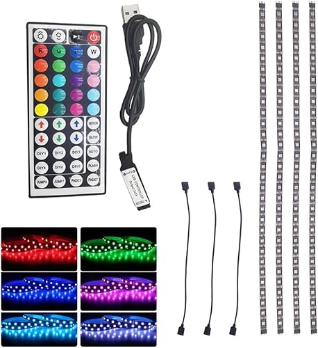 Vrabocry Tira de luz LED RGB 5050 de 5 V USB con control remoto de 44 teclas, 4 luces precortadas de 1.6 pies/6.5 pies, cinta de fondo de TV, decoración navideña, PCB negro