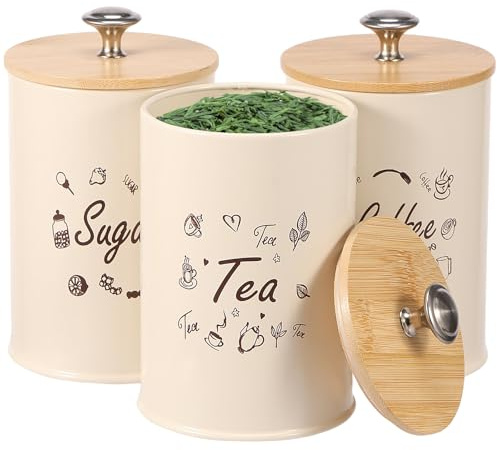 Tea Coffee Sugar Canisters Set of 3 Metal Teas and Coffee Sugar Jars with Airtight Lid and Name Marker Round Kitchen Counter Storage Canister for Coffees, Sugar, Teas, Powder,Grain, Snacks (Beige)