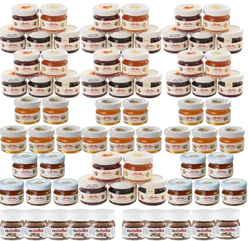 70 Mini-Gläser - Darbo je 28g/25g - 35 Sorten Mix Konfitüre - 15 x Blütenhonig - 10 x Bittere Orangenmarmelade - 10 x 25g Marken Nuss-Nugat-Creme -Ein Angebot von FISGUS® by krass-shoppen-de