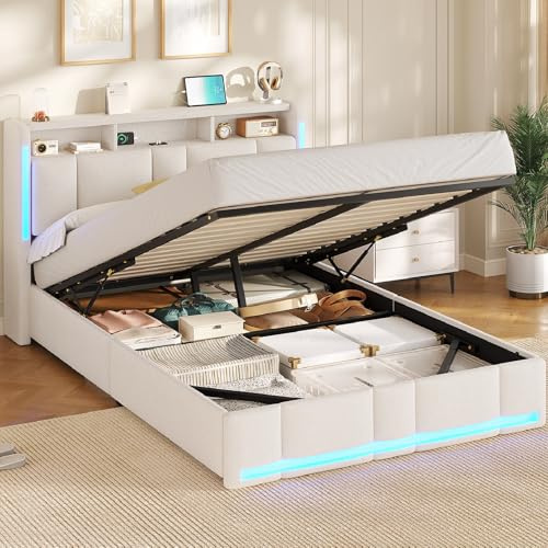 AOGLLATI Lit Coffre 140x200 CM, Lit Double avec LED et Ports USB, Cadre de lit avec Tête de Lit capitonné et Rangement, Lattes en Bois, Lin Beige(sans Matelas)