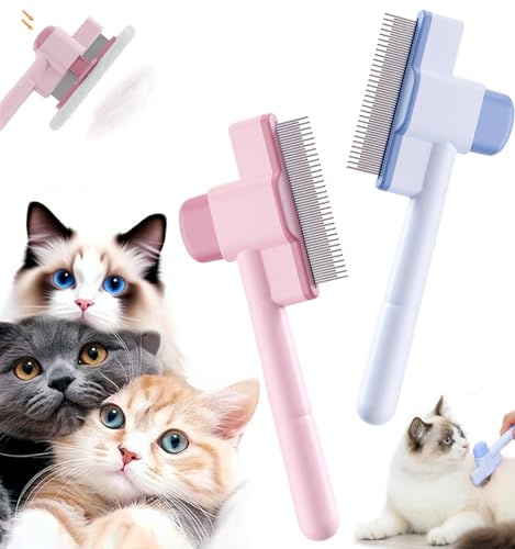 Glvomazty Katzenbürste, 2026 Neu Fellblitz Bürste Katze, Hundebürste, Flohkamm für Katzen und Hund,Katzenhaarbürste, Unterfellbürste katze Entfilzt Knoten & Entfernt Flöhe Sanft, Pink +Blau