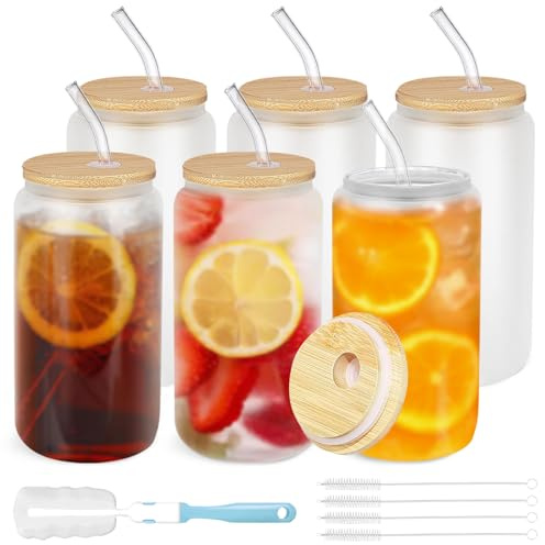 Juego de 6 tazas de vidrio esmerilado con tapas y popotes, tazas de café | Vaso de vidrio reutilizable con forma de lata de cerveza, vasos para batidos, taza de té y agua matcha, jugo, refrescos