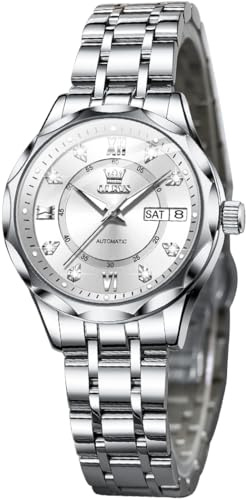 OUPINKE Women's Automatic Mechanical Watch Diamond Dial Silver White Casual Dress Watch Self Winding Day Date Waterproof Stainless Steel Band
