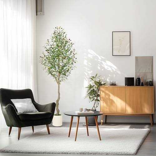 Olivo falso de 2,13 m con maceta grande blanca, olivos artificiales de interior, plantas artificiales con tronco de madera natural y frutas realistas para decoración de oficina en casa, 2 piezas