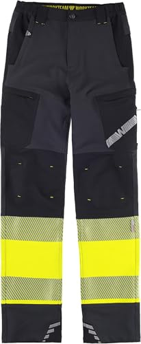 WORKTEAM Pantalón Elástico Alta Visibilidad con Cintas Reflectantes Segmentadas, Slim Fit, Multibolsillos con Cremallera, Refuerzo en Rodillas, Unisex Gris Oscuro+Negro+Amarillo A.V. M
