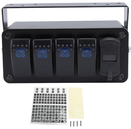 OVAQUIXI Pannello Interruttori a Bilanciere in Alluminio a 4 Gruppi con USB, Scatola Interruttori a Tenuta Stagna 12V 24V per Controllo della Luce LED RV UTV di Camion Barca (luce blu)
