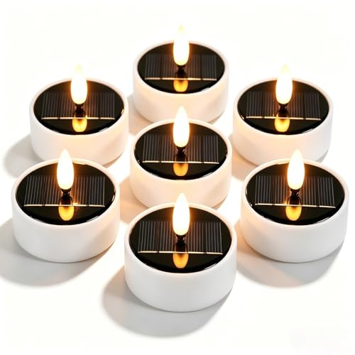 GAOUTO 6 velas solares de té: velas LED parpadeantes, velas LED para exteriores, resistentes al agua, velas solares sin llama, para decoración de jardín y terraza, color blanco