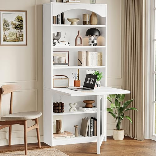 Einhomn Folding Desk with Storage, Space-Saving Foldable Convertible Writing Table, Wall Mount Fold Out Computer Desk for Home Office, Craft Room, Living Room, Bedroom, White