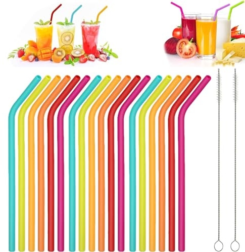 20 Pcs Silicone Straws Reusable Set - 18 Flexible Drinking Straws + 2 Cleaning Brushes, Colorful Bend Drinking Straws, Regular Size for Adults Kids, Cocktails & Cold Drinks (Assorted Colors)