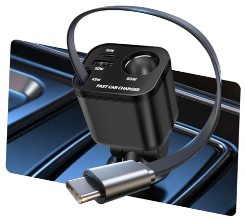Chargeur allume-cigare 4 en 1 USB C 145 W 24/12 V avec câble rétractable, répartiteur allume-cigare 2026, mini adaptateur USB, chargeur rapide pour iP15 16 17
