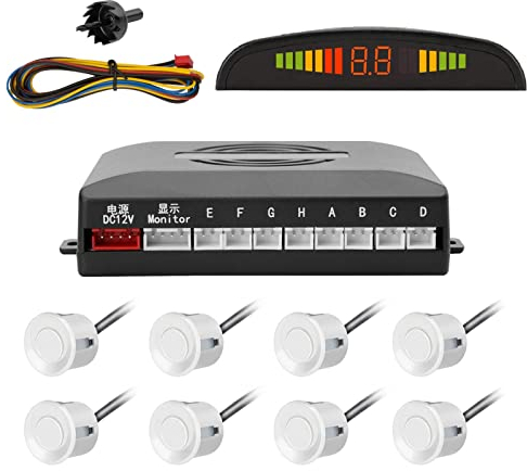 Tkoofn KFZ Summer Einparkhilfe Rückfahrhilfe 8 hinten Sensoren Hinter mit LED Farb Display Auto Parken Sensor System Pieper Radar Kit Hinter - Weiß
