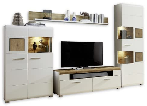 Stella Trading Fun Plus Wohnwand Komplett-Set mit schönen Hirnholz-Applikationen & Eiche Dekor - Moderne Schrankwand für Ihr Wohnzimmer - 325 x 205 x 47 cm (B/H/T)