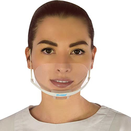 Masklean 5 Boxes(25 Masks w/Pouches) Clear Transparent Sanitary Mask Anti-Fog Face Mouth Shield Spit Guard Reusable Permanent makeup microblading catering