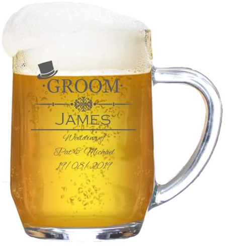 Personalised Tankard ‘Groom’ Engraved Beer Glass Stein | 1 Pint Beer Glass Mug with Handle | Personalized Gift for Groomsmen | Includes Protective Box | Customise with Any Name and Date, 590 ml