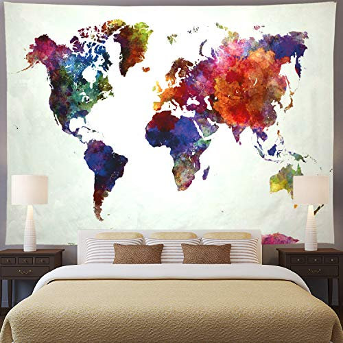 Ameyahud Weltkarten-Wandteppich, Klassenzimmer, Aquarell, Weltkarte, Wandteppich, pädagogische Geographie, bunte Malerei, nationale Welt, Wandteppich, Wandbehang, Dekoration für Schlafzimmer
