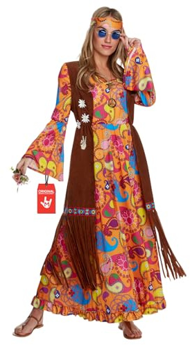 Morph Hippie Kostüm Damen, 70er Jahre Kleid Frauen, Schlagermove Verkleidung für Karneval & Fasching, 60er & 70er Jahre Outfit – Größe M
