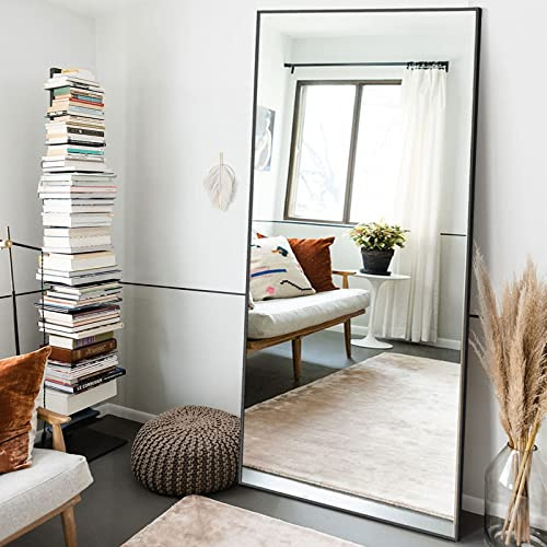 NeuType Specchio grande da 180,3 x 81,3 cm, con cornice in lega di alluminio, specchio da pavimento per soggiorno, camera da letto, da appendere o appoggiato alla parete, nero (senza supporto)