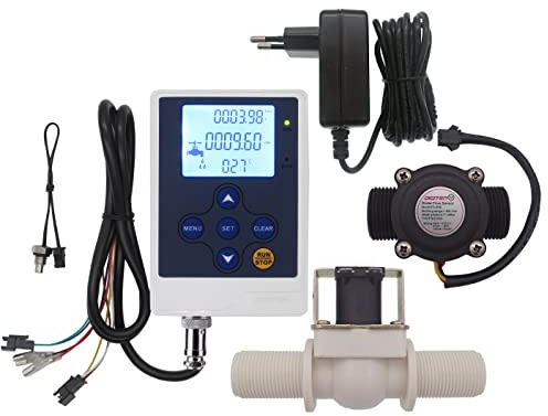 Wasserdurchflussmesser, LCD-Display, Controller + G3/4 Zoll Wasserhall-Sensor, Durchflussmesser, Zähler 1–60 l/min + G3/4 Zoll Magnetventil, normalerweise geschlossen, N/C + DC 13 V Netzadapter