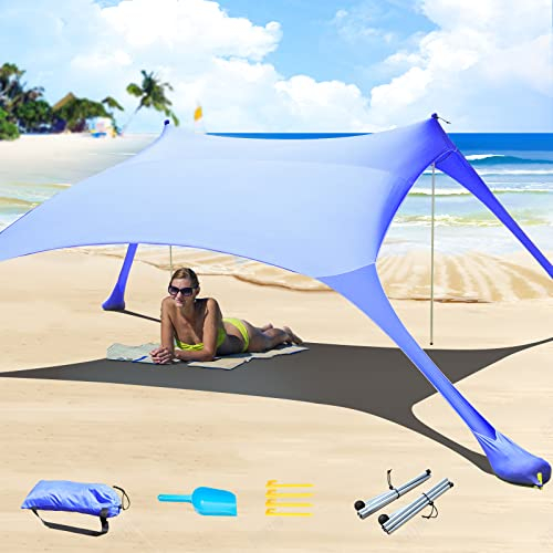CUUPO Tenda da spiaggia UPF50+, protezione UV, piccola tenda da sole per esterni, con 2 pali per campeggio, spiaggia, pesca, cortile e picnic, Blu Reale