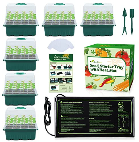 Seedfactor Lot de 7 plateaux de démarrage de graines avec tapis chauffant (12 cellules par plateau), plateaux de germination des plantes avec humidité réglable, plateaux de semis avec plateaux de base
