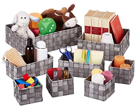 Relaxdays Aufbewahrungskorb, 8er Set, 4 Größen, Körbchen in Holzoptik, geflochten, Schrank & Regal, Kunststoff, grau