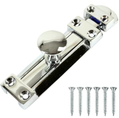 Chrome Flat Door Bolt 4 Inch Surface Slide Latch with Screws | 95mm chrome surface bolt with keep and matching screws for internal doors, cupboards, cabinets and storage units.