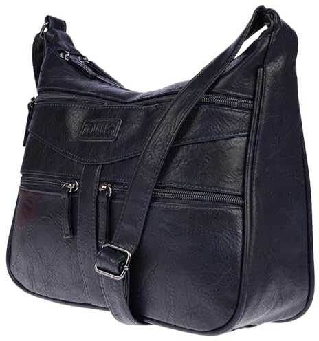 Christian Wippermann Damen Tasche Schultertasche Umhängetasche Crossover Bag Leder Optik Handtasche Dunkelblau
