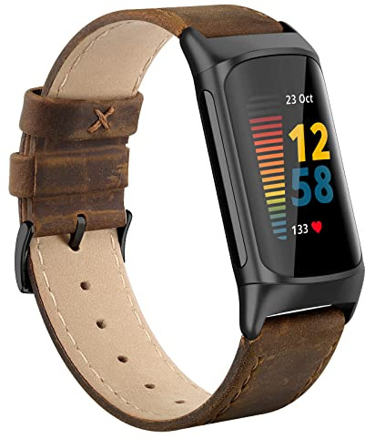 Tuocal Bracelet en cuir véritable compatible avec Fitbit Charge 6 et 5 - Bracelet de rechange en cuir doux et respirant pour homme et femme - Taille S et L