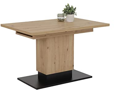 Hela Tische, Esstisch Säulentisch Lorena, Holzwerkstoff melaminbeschichtet, Dekor Artisan, abgesetzte Bodenplatte, Synchronauszug 120-180x80cm