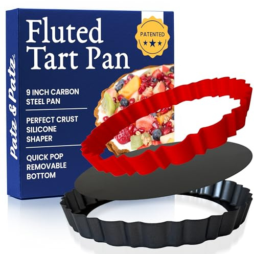 Patz&Patz Fluted Tart Pan 9 Inch Removable Bottom with Patented Silicone Crust Shaper | Nonstick Carbon Steel Quiche Baking Dish, Fruit Tart Molds for Baking, Quiche Pan & Pie Mold - PFOA & PTFE-Free