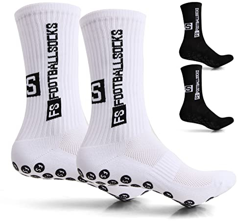 2 Par Halkfria Fotbollssockor, Andas Sport Socks, Halkfria Sportstrumpor för Fotboll, Basket, Löpning (Svart/Vit, Unisex), Svart/Vit, one size