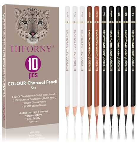 HIFORNY 10 Stücke Bunte Holzkohlestifte zum Zeichnen - Schwarze und Weiße Holzkohlestifte zum Skizzieren, Schattieren, Vermischen, Porträt - Ideal für Anfänger und Künstle