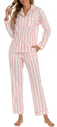 LUBOT Pyjamas för kvinnor i 100 % bomull, korta ärmar sommar och vinter, med knappar, tvådelad pygama för kvinnor, sovkläder S till XXL, Lång - Vertikala ränder, S